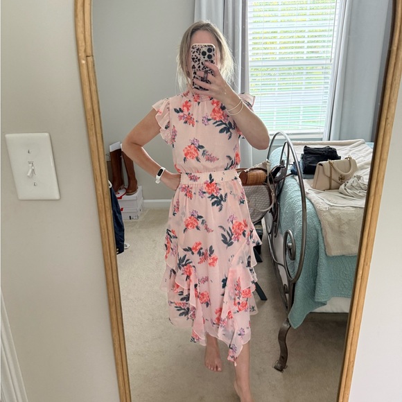 RACHEL Rachel Roy Asymmetrical Dress in Pink, Peach and Green Floral - Picture 1 of 9